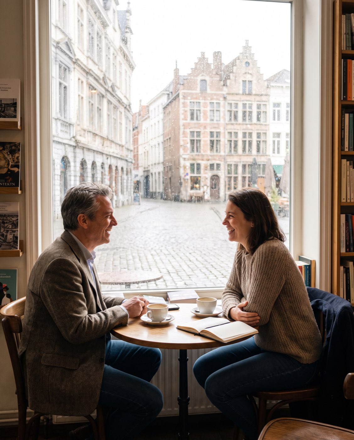 Illustration: two people talking over coffee by a window