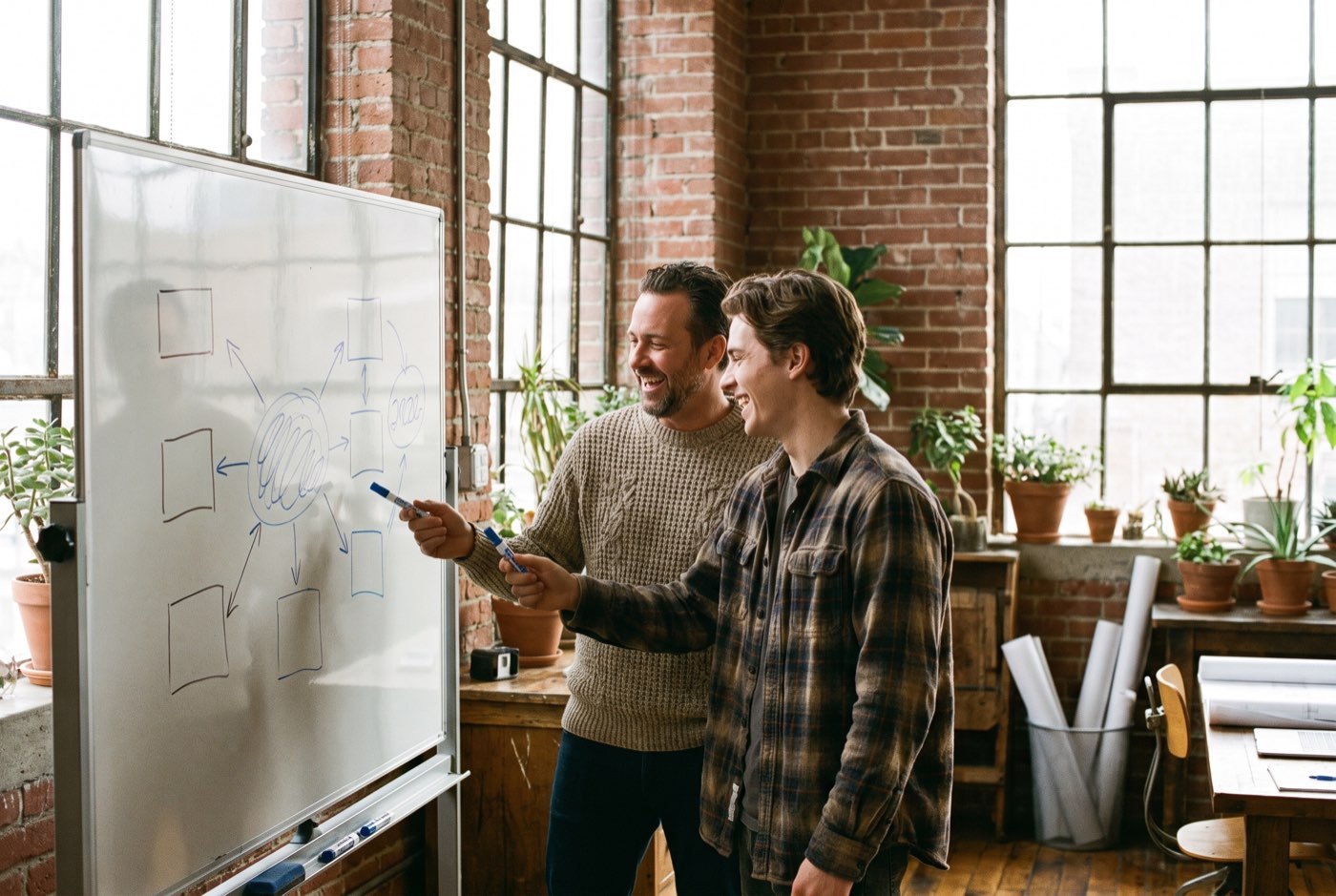 Illustration: two people sketching a flow on a whiteboard